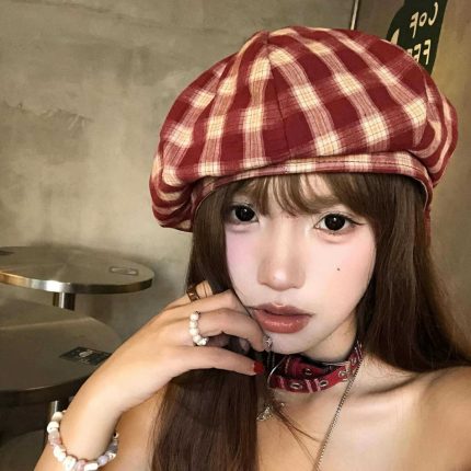 Japanese Style Retro Plaid Beret - Women's Spring Autumn Large Head Size Face-Flattering Artist Hat