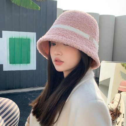 Korean Style Autumn Winter Women's Fleece-Lined Striped Bucket Hat - Warm Thick Wide-Brim Hat with Letter Details