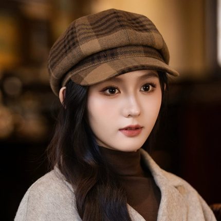 British Style Retro Plaid Beret - Women's New Autumn Winter Versatile Artist Newsboy Cap
