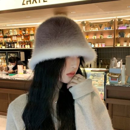 Korean Style Autumn Winter Gradient Color Rabbit Fur Hat - Women's Fashionable Face-Flattering Wide-Brim Bucket Hat