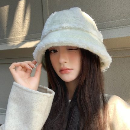 Autumn Winter New Women's Warm Knit Hat - Solid Color Versatile Plush Bucket Hat