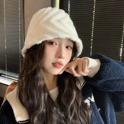 Korean Style Autumn Winter New Women's Warm Plush Bucket Hat - Solid Color Embossed Wide-Brim Hat