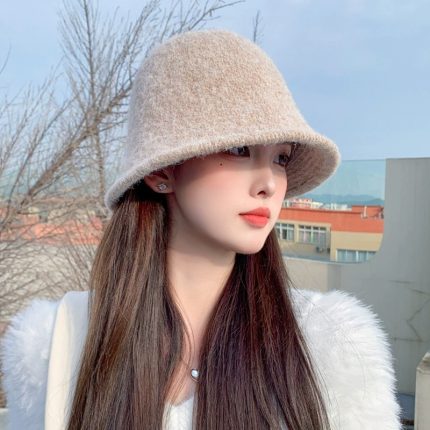 2025 Korean Style Autumn Winter New Women's Solid Color Wool Bucket Hat - Fashionable Face-Flattering Hat